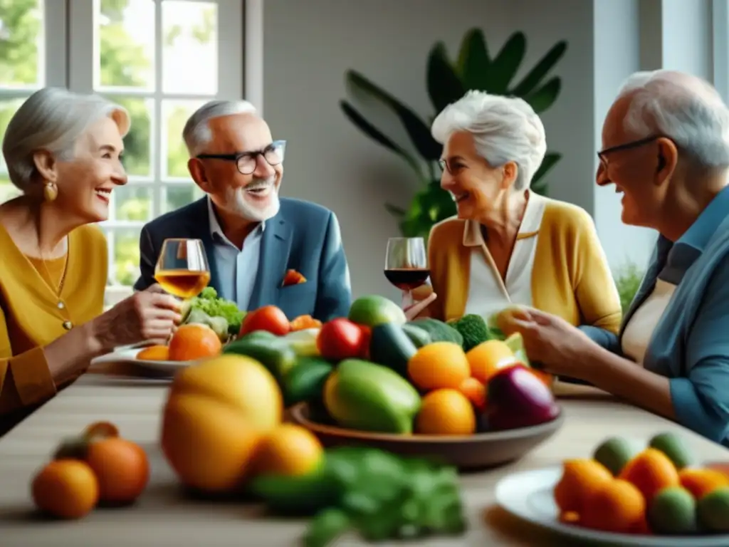 Un grupo de personas mayores disfruta de una comida saludable y animada. <b>La imagen destaca la importancia del magnesio en nutrición.