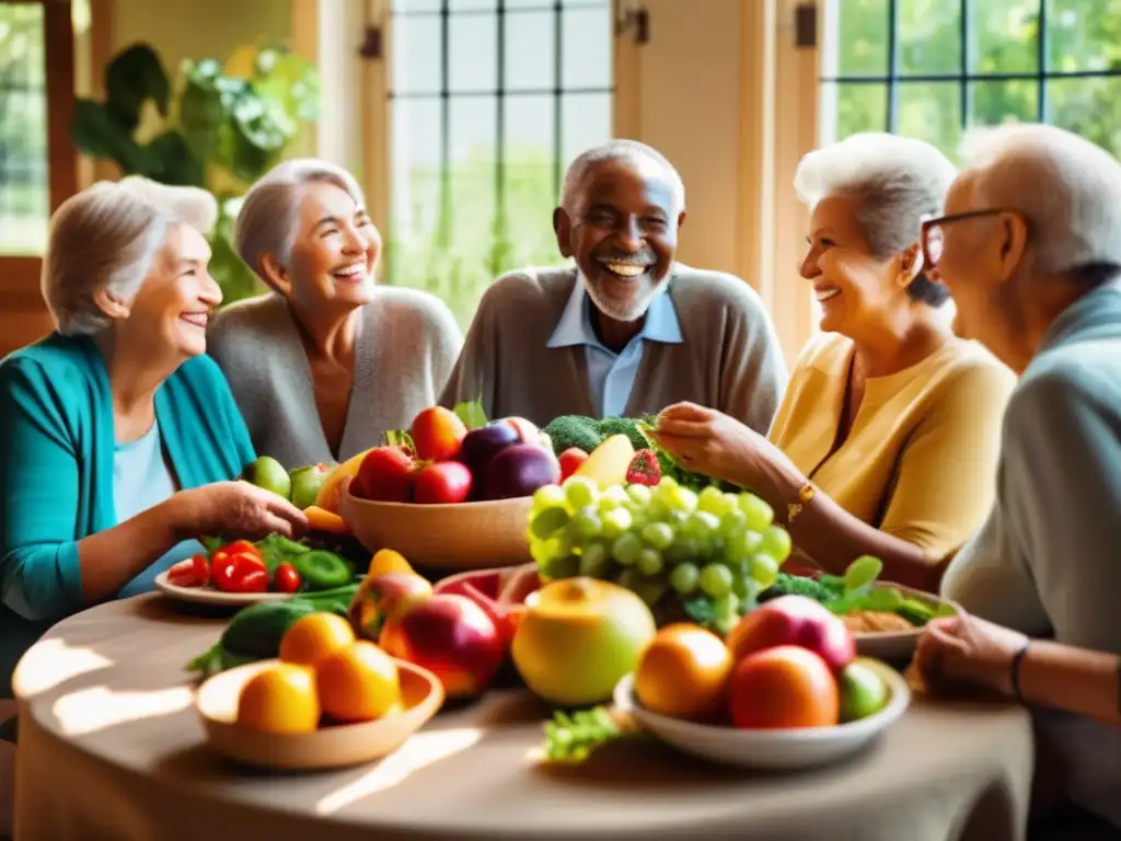 'Grupo de personas mayores disfrutando de una comida mediterránea en un ambiente cálido y alegre'