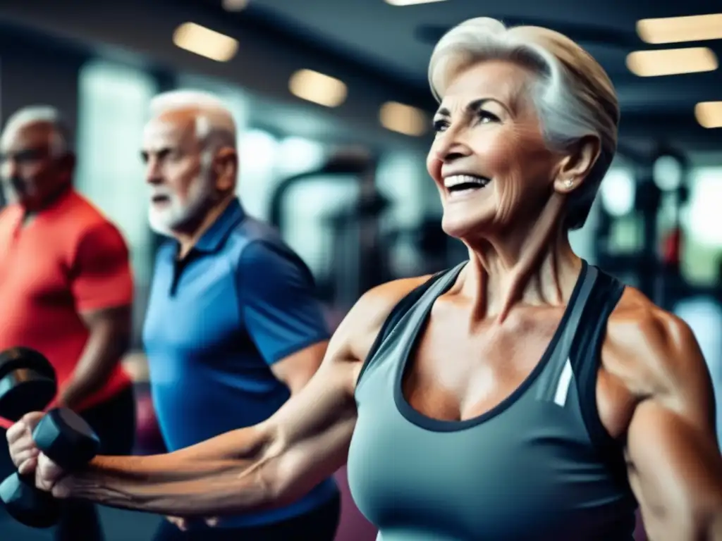 Un grupo de personas mayores se dedica a un entrenamiento de fuerza en un gimnasio moderno, mostrando determinación y vitalidad. Refleja la necesidad de proteínas en polvo para mayores.