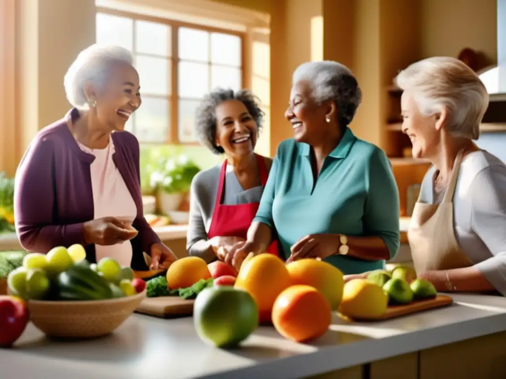 Un grupo de personas mayores disfruta cocinando juntas en una cocina luminosa, preparando alimentos frescos y coloridos. <b>Destaca la alegría de cocinar y compartir comida saludable.</b> <b>Dieta para prevenir úlceras digestivas.