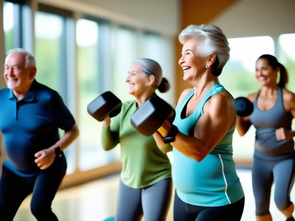 Un grupo de personas mayores sonrientes participando en una clase de ejercicios de fuerza en un gimnasio moderno y luminoso. La imagen irradia vitalidad y comunidad, destacando la importancia de la actividad física para prevenir la sarcopenia en adultos mayores. Dieta para prevenir sarcopenia en mayores.