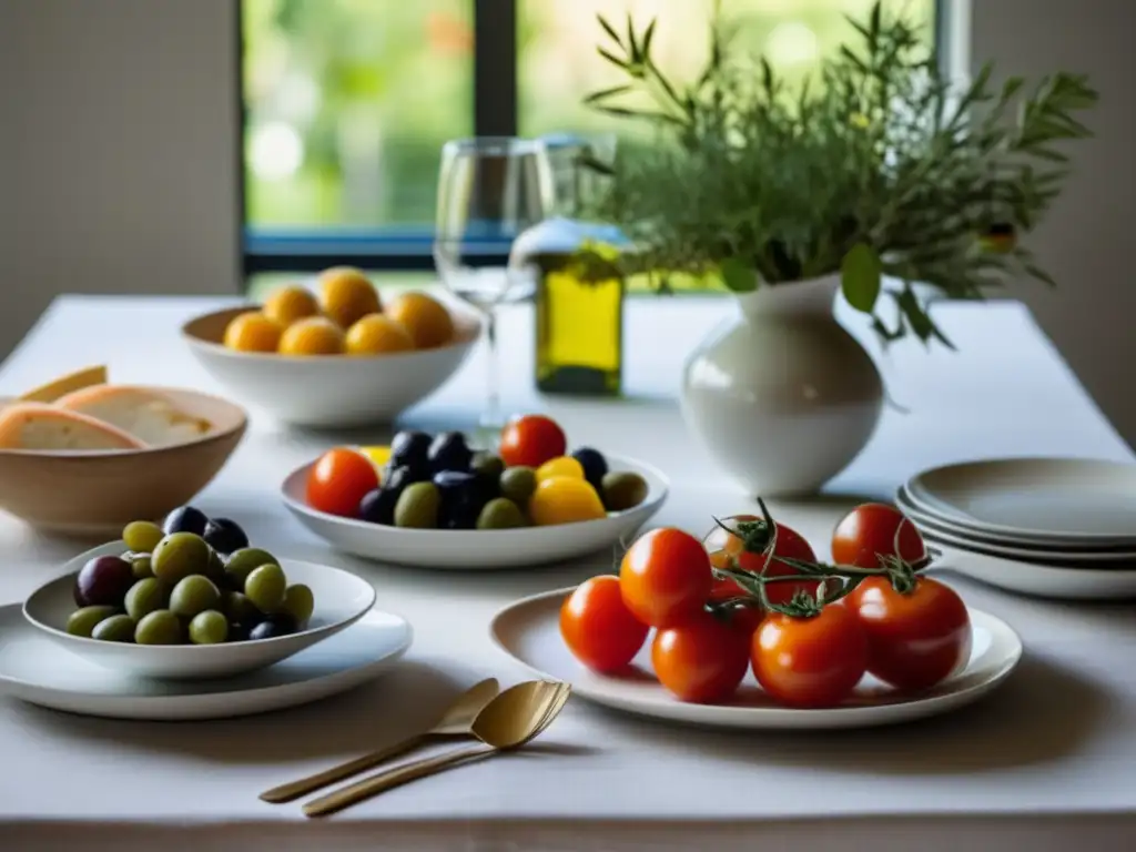 Una hermosa mesa con ingredientes mediterráneos frescos y una presentación apetitosa. <b>Dieta mediterránea para controlar la hipertensión.