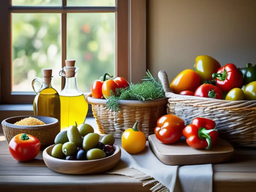 Una hermosa mesa rústica con ingredientes frescos y coloridos para recetas saludables cocina mediterránea.