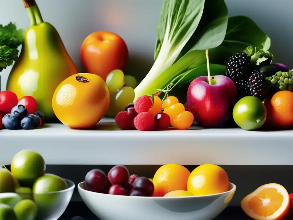 Una hermosa variedad de frutas, verduras y alimentos fermentados en una cocina moderna. Colores vibrantes y frescura que invitan a explorar la influencia positiva de la alimentación en la microbiota y el estado de ánimo.