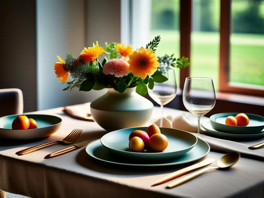 Un hermoso espacio para comer con mindfulness, con mesa minimalista, decoración elegante y luz natural suave.