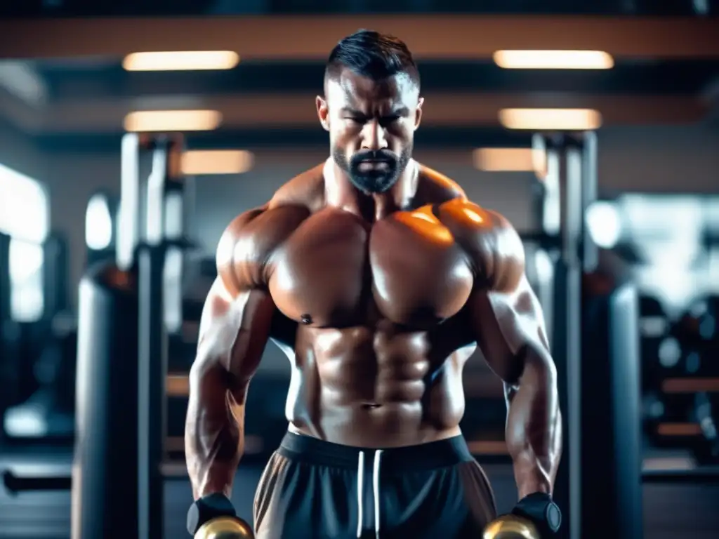 'Un hombre musculoso y determinado ejercitándose en un gimnasio moderno, con consejos para mantener masa muscular'