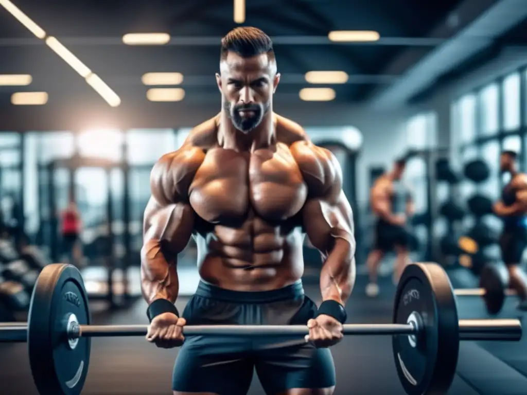 Un hombre musculoso levanta pesas con determinación en un moderno gimnasio, rodeado de equipos de ejercicio. <b>La dramática iluminación resalta el esfuerzo, mientras otros se ejercitan alrededor.</b> <b>HMB beneficios ganancia muscular.