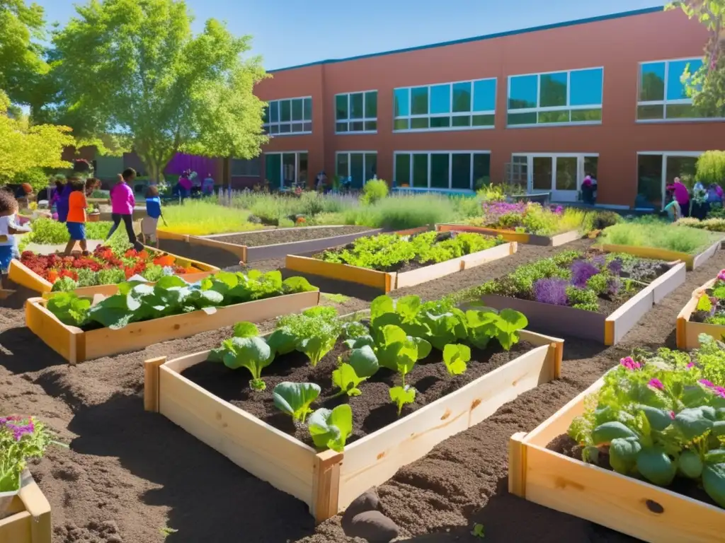 Jardín escolar vibrante y moderno: niños felices cultivando vegetales y hierbas