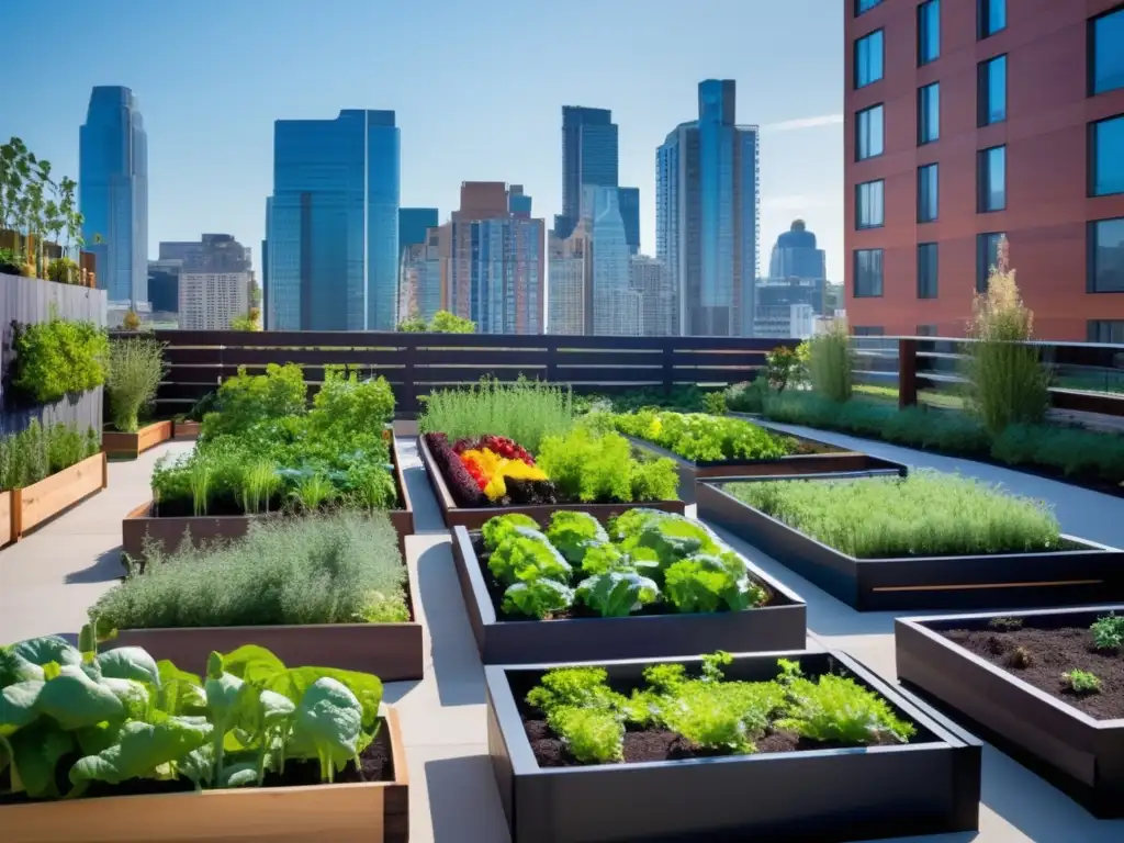 Un huerto urbano en casa: camas elevadas de madera oscura con vegetales y hierbas vibrantes, rodeadas de un entorno urbano limpio y moderno.