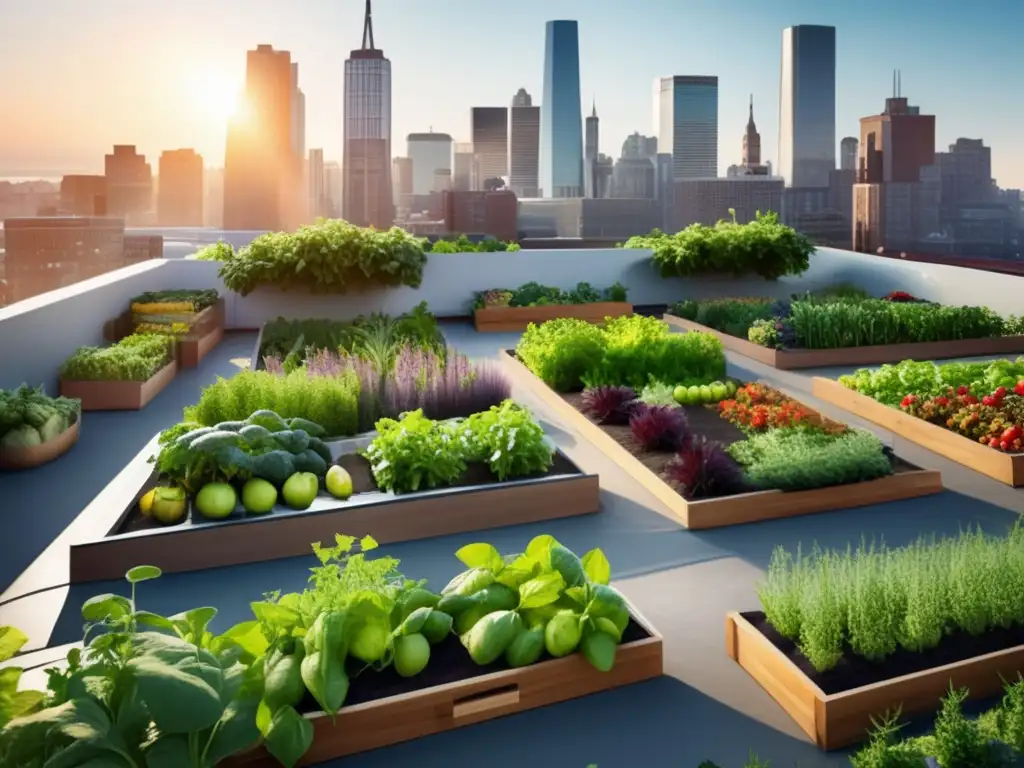 Un huerto urbano en casa: vegetales, frutas y hierbas en un jardín de azotea, contrastando con la ciudad. <b>Una atmósfera cálida y sostenible.