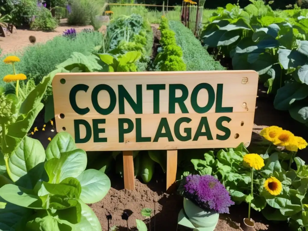 Un huerto vibrante rebosante de vida, con plantas exuberantes, verduras coloridas y la luz del sol filtrándose entre las hojas. <b>Abejas y mariposas revolotean alrededor de las flores mientras un letrero de madera anuncia 