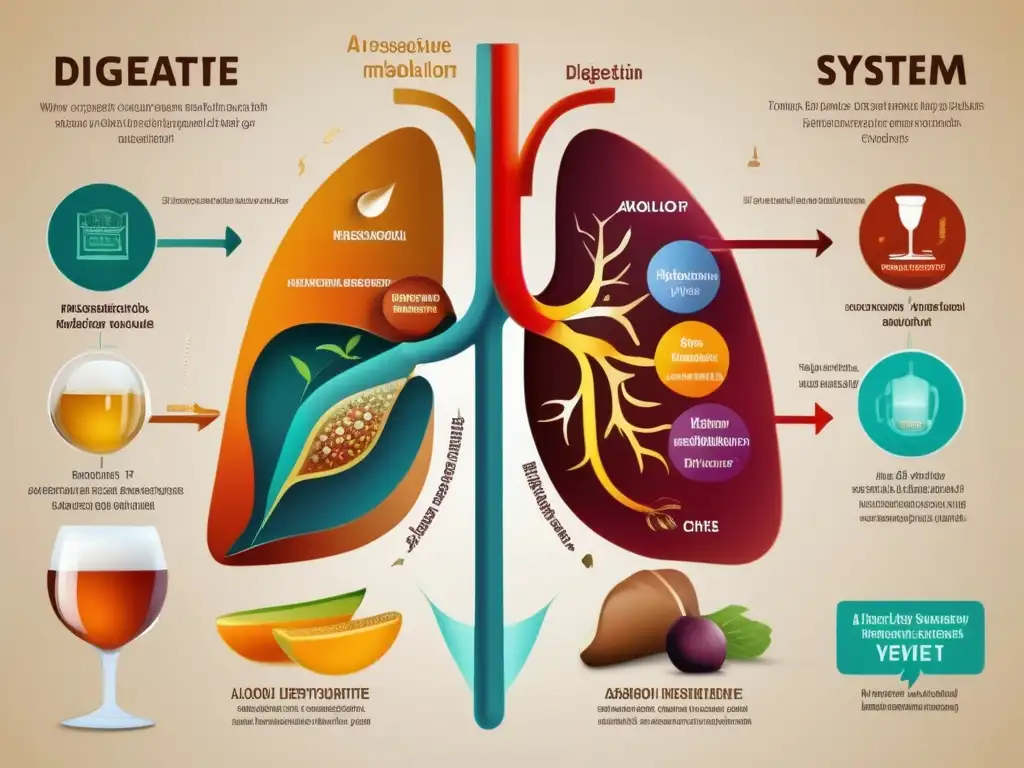 Una ilustración detallada muestra el metabolismo del alcohol en el hígado junto a hábitos saludables. <b>Efectos del alcohol en el sistema digestivo.