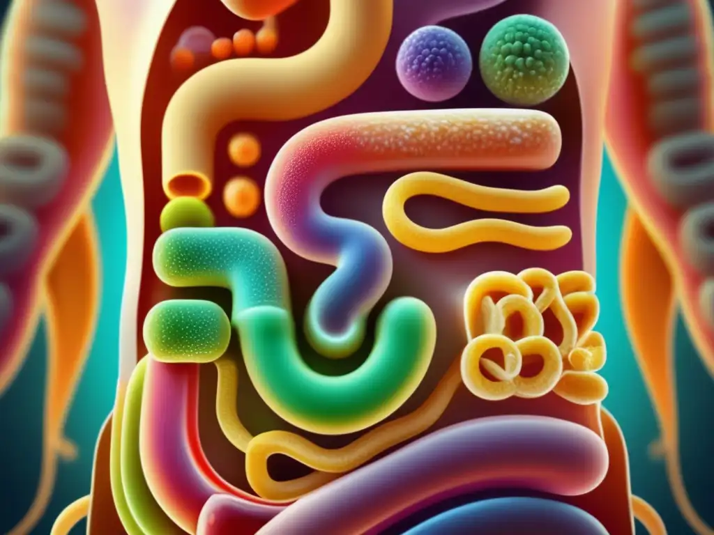 Una ilustración detallada y moderna del tracto gastrointestinal resaltando el impacto de los edulcorantes en la salud gastrointestinal.
