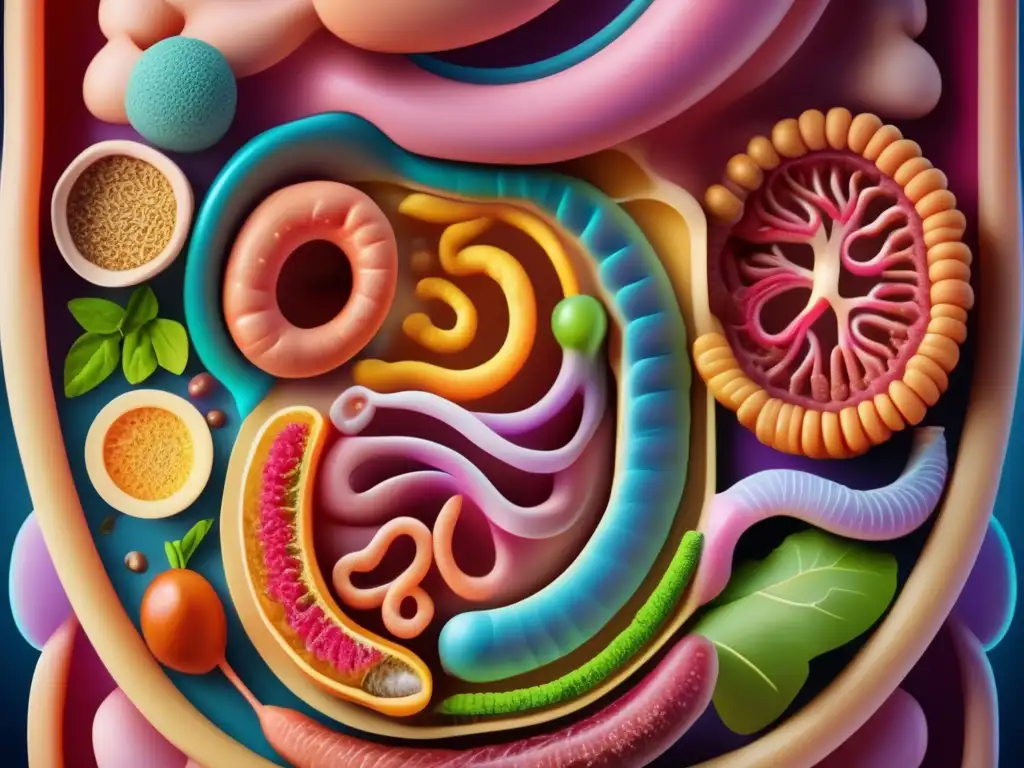 Una ilustración detallada del sistema digestivo infantil con colores vibrantes. Destaca la importancia de la alimentación saludable para prevenir enfermedades gastrointestinales infantiles.