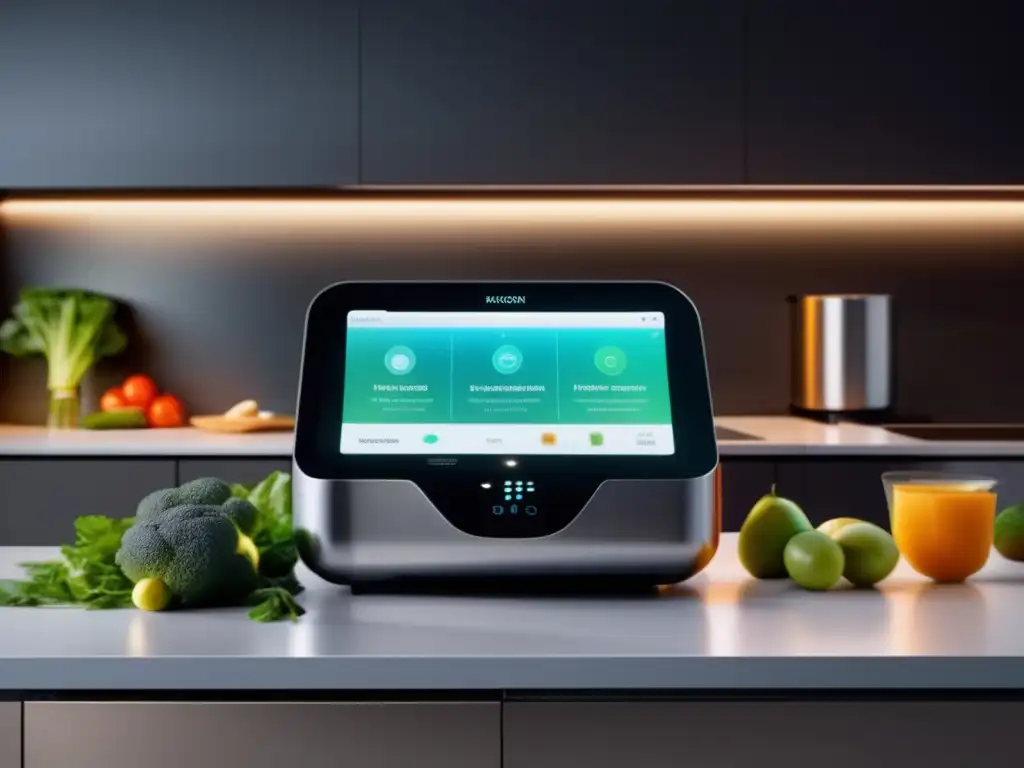 La imagen muestra una cocina futurista con tecnología integrada para una dieta saludable.