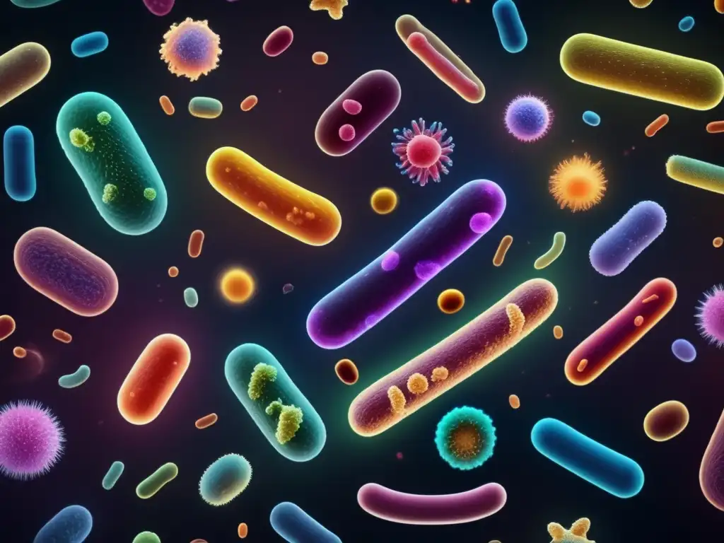 Una imagen detallada de bacterias intestinales de colores vibrantes, creando un ecosistema dinámico y beneficioso para la microbiota, ideal para una dieta vegana.