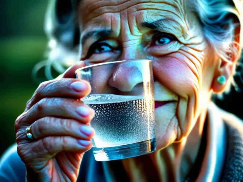 Una imagen detallada y conmovedora de una mujer mayor sosteniendo un vaso de agua con gotas de condensación. <b>Su expresión serena y la luz natural resaltan la importancia de la hidratación en la tercera edad.</b> <b>¡Consejos hidratación tercera edad!