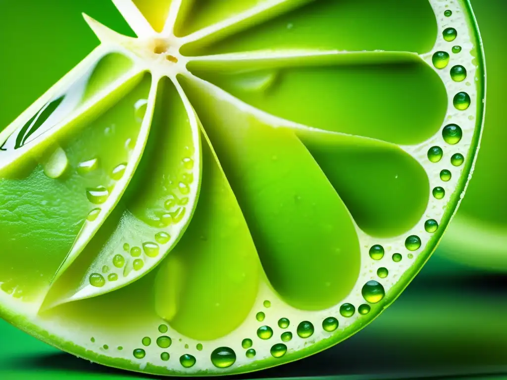 Una imagen detallada de una lima recién cortada, con su vibrante color verde y gotas de jugo. <b>Los segmentos están dispuestos artísticamente, mostrando sus semillas y pulpa.</b> <b>La iluminación suave realza su belleza natural.</b> Evoca frescura y vitalidad, capturando los beneficios de la