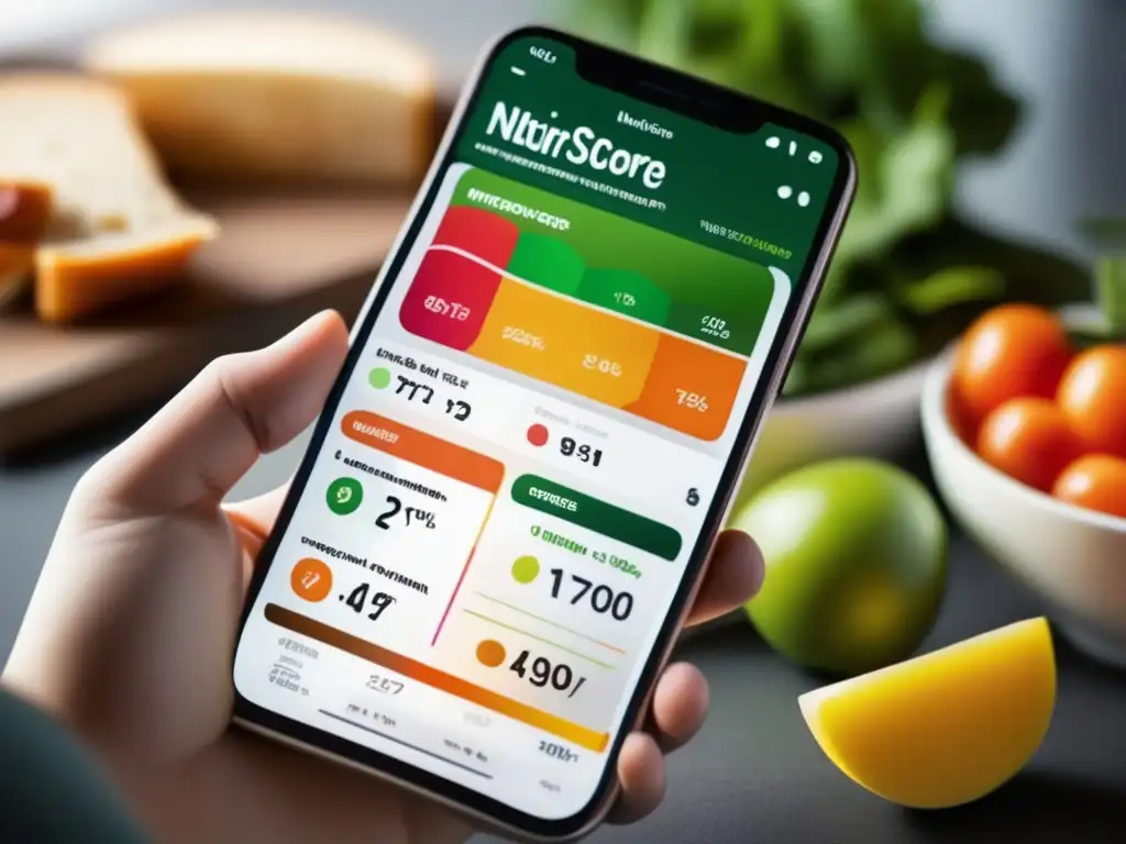 Una imagen detallada de la pantalla de un smartphone con la App NutriScore mostrando etiquetas nutricionales de alimentos en alta resolución y colores vibrantes.