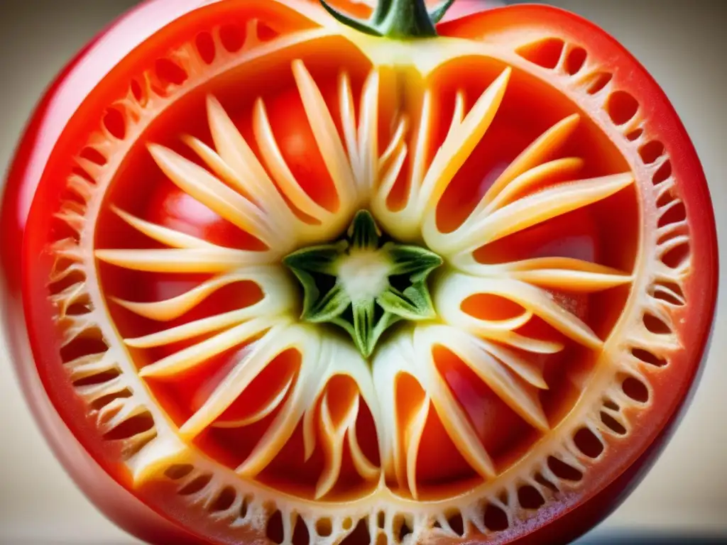 Una imagen detallada y vibrante de un tomate genéticamente modificado, cortado para revelar su pulpa uniforme y semillas. <b>Representa la edición genética de alimentos ética en un entorno de laboratorio.