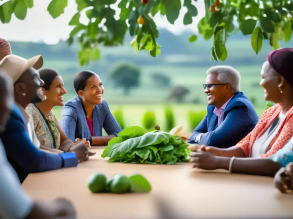 Imagen de diversa comunidad y políticos en mesa discutiendo sobre desafíos nutricionales en zonas rurales, en un espacio colaborativo y natural.