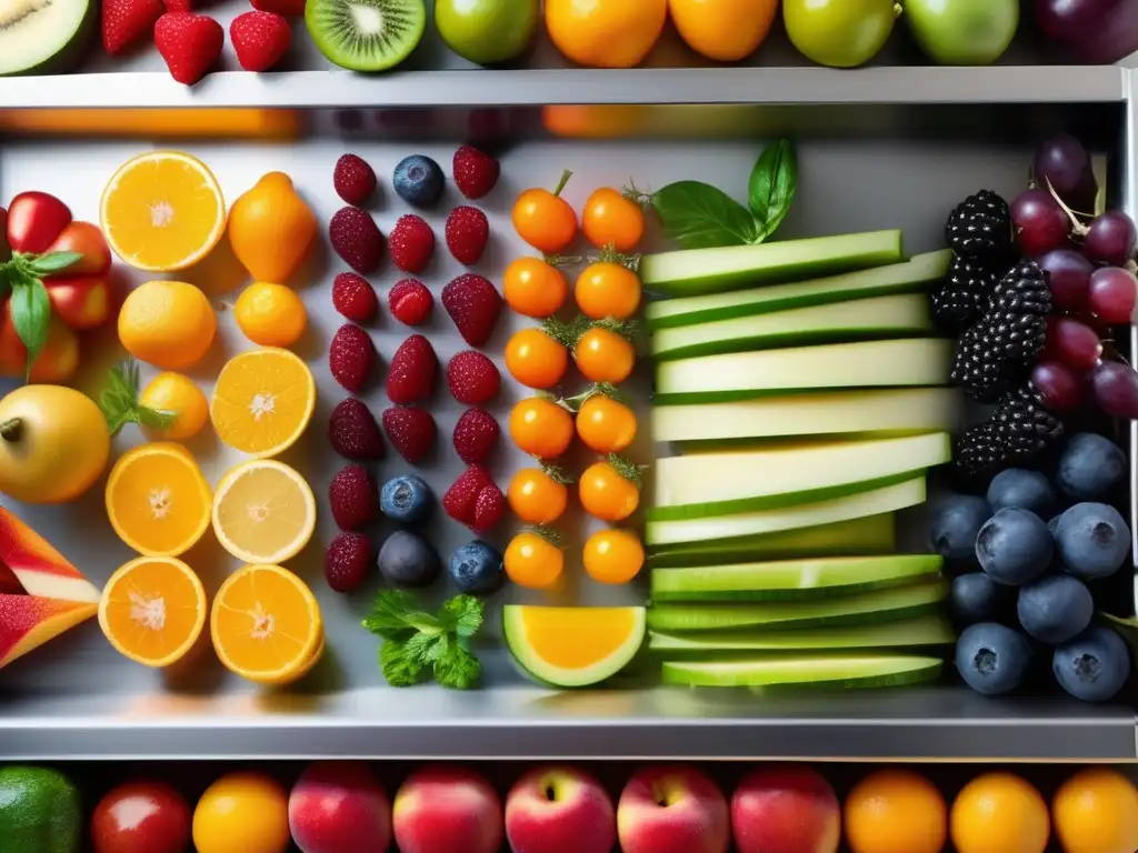 Una imagen de frutas y verduras recién cortadas en una bandeja de deshidratador, resaltando la conservación de nutrientes en deshidratación.