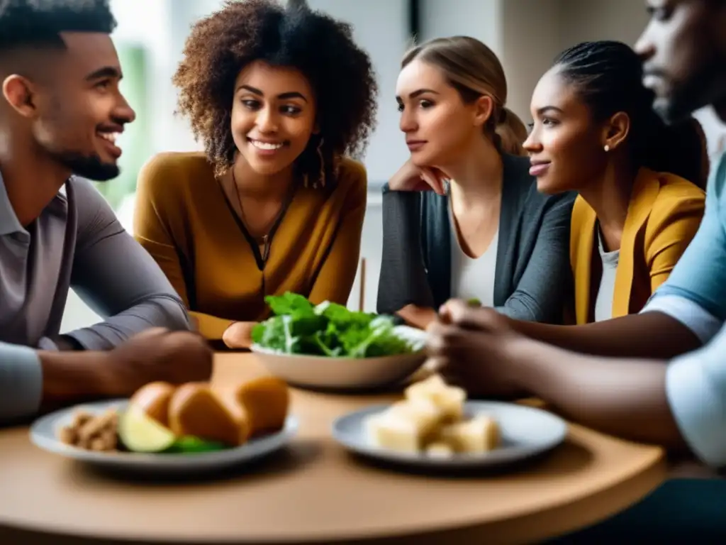 Una imagen con un grupo diverso de personas conversando con empatía sobre las verdades de los trastornos alimentarios, en un ambiente cálido y auténtico.