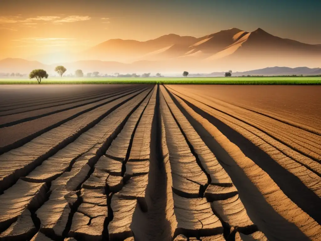 Una imagen impactante de un campo agrícola reseco por la crisis climática, reflejando su impacto en la nutrición y disponibilidad de alimentos.