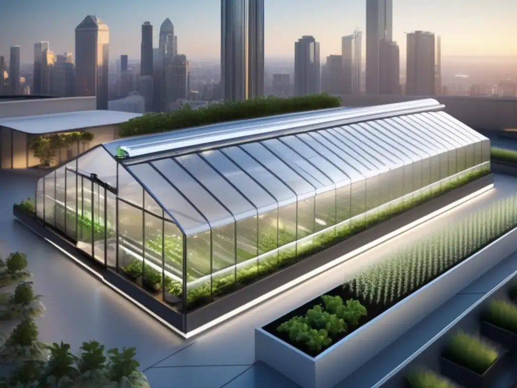 Una imagen de invernadero futurista en la ciudad, con tecnología avanzada para la agricultura urbana. <b>La integración perfecta de la naturaleza y la tecnología.