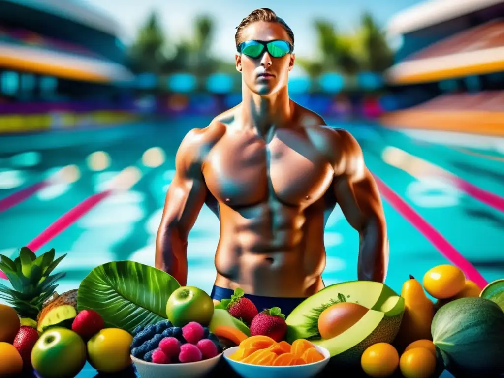 Imagen de nadador profesional junto a una piscina con una dieta balanceada para nadadores competición, mostrando enfoque y músculos definidos.