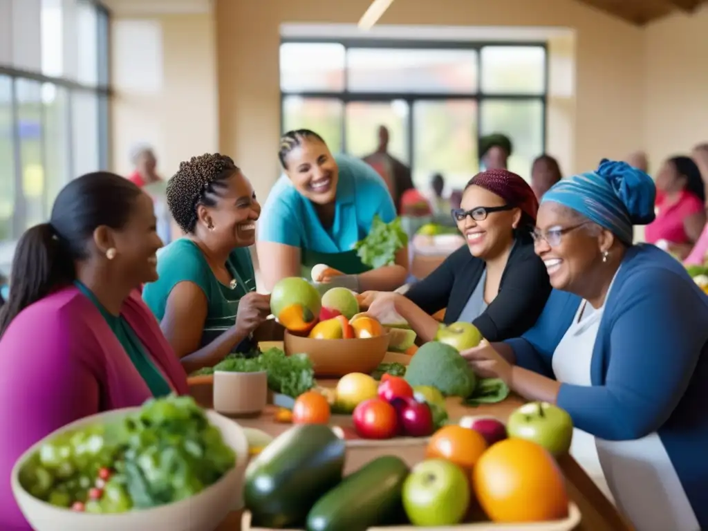 Una imagen vibrante de una comunidad diversa participando en una campaña de nutrición comunitaria saludable, rodeada de frutas y verduras coloridas. El ambiente es cálido y acogedor, con actividades interactivas que promueven la alimentación saludable.