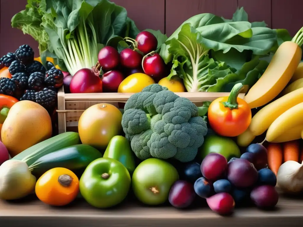 Una imagen vibrante de un mercado de agricultores lleno de frutas y verduras coloridas, con luz natural que resalta las texturas y sombras suaves. <b>Alimentos de temporada para dieta.