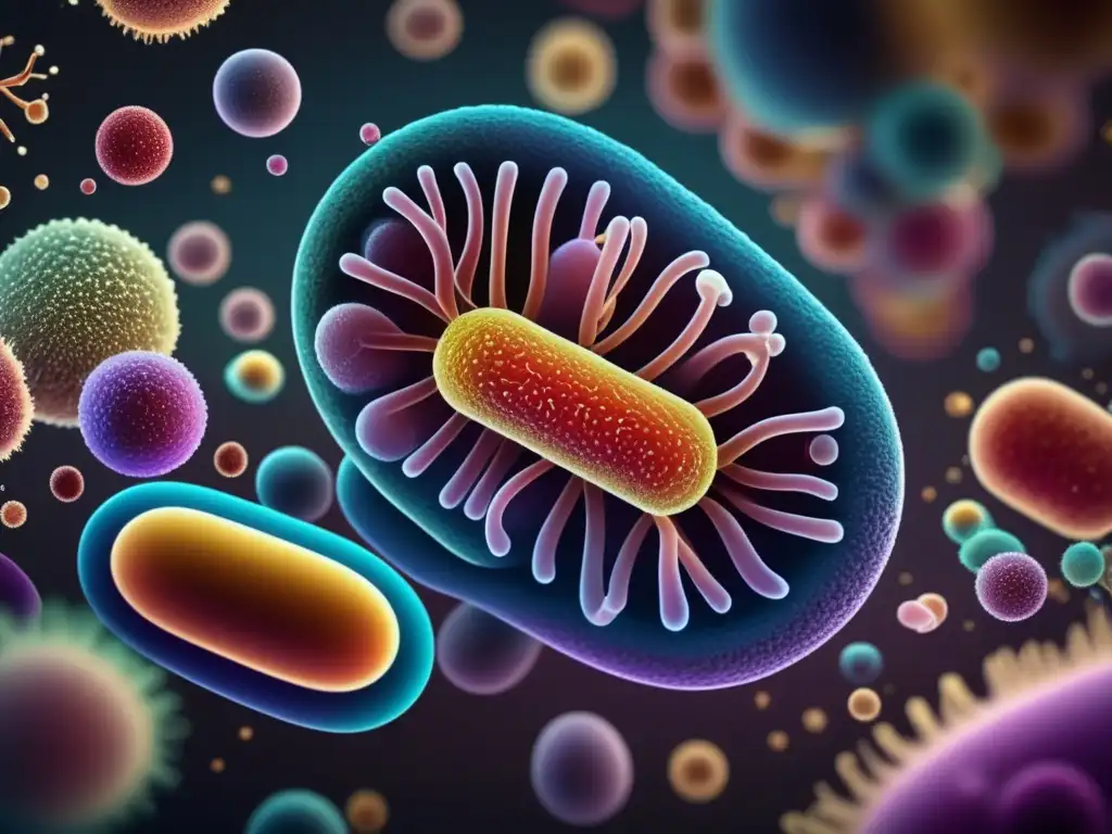 Una imagen 8k de vibrantes bacterias intestinales, con patrones y texturas fascinantes. <b>Refleja la complejidad y vitalidad de la microbiota.</b> <b>Estrategias nutricionales microbiota obesidad.