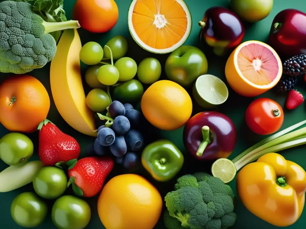 Una impactante composición geométrica de frutas y verduras frescas, vibrantes y coloridas, que evoca la eficacia de las dietas personalizadas.