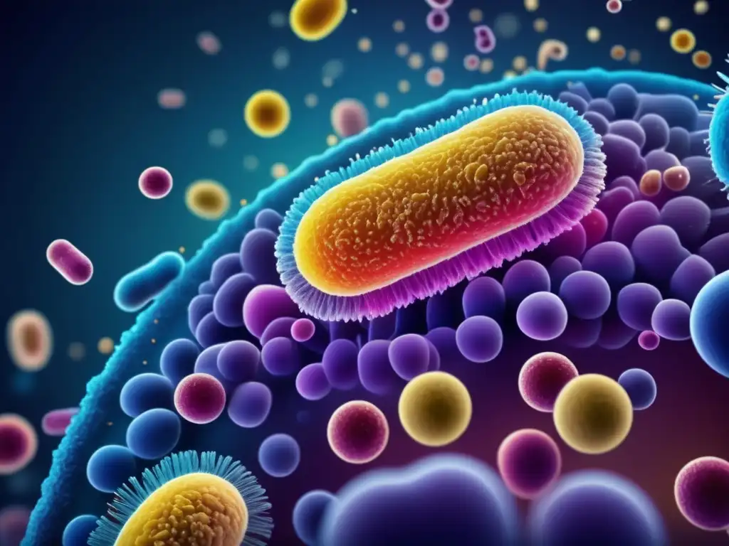 Una impactante y detallada imagen de una vibrante y diversa gama de bacterias intestinales, resaltando la complejidad y diversidad del microbioma intestinal. <b>Beneficios probióticos para salud mental.