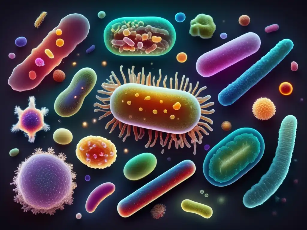 Una impactante imagen detallada de bacterias y microorganismos, con formas, colores y estructuras fascinantes. <b>Se destaca en un fondo oscuro, con cada microorganismo claramente visible y etiquetado con nombres científicos.</b> La iluminación resalta las texturas y detalles, creando una representación visualmente