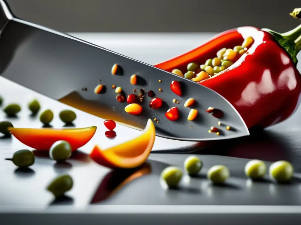 Una impactante imagen detallada de un chile rojo siendo cortado, con semillas y jugos derramándose. El corte es preciso y evoca intensidad.