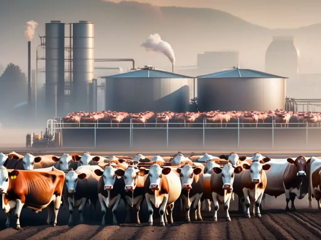 Granja industrial de carne: impacto ambiental en imagen Impacto ambiental de la producción cárnica: Granja industrial con sistemas automatizados alimentando ganado, rodeada de smog y contaminación.