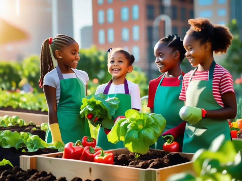 Niños cuidando un huerto urbano: educación nutricional y sostenibilidad