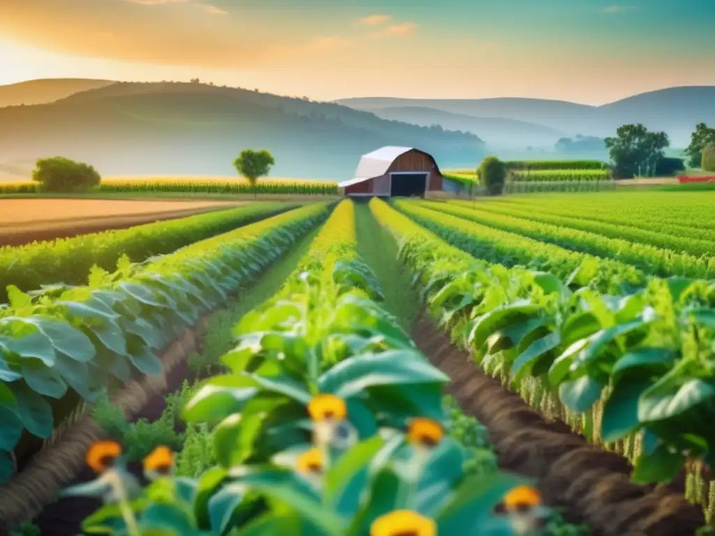 Granja orgánica bañada por el sol: diversidad y sostenibilidad Una impresionante granja orgánica bañada por el sol, muestra cultivos verdes y saludables, abejas y mariposas polinizando, y un agricultor cuidando las plantas. El cielo azul realza la escena, destacando la belleza y la importancia de la alimentación orgánica accesible