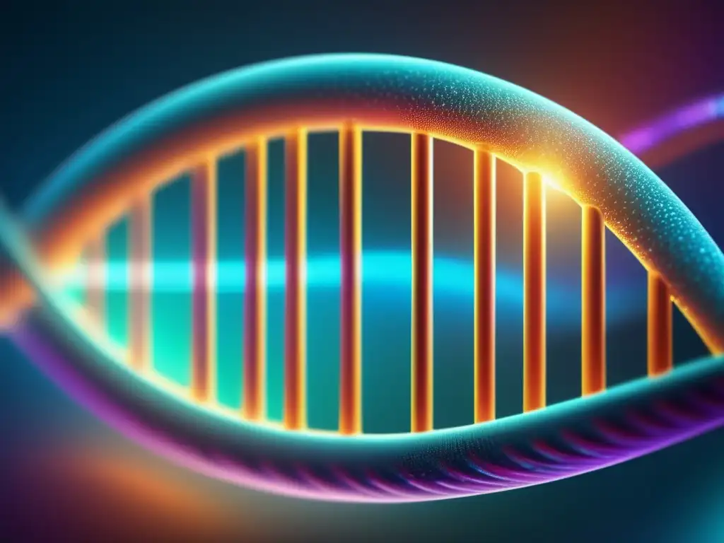 Una impresionante imagen detallada de una hebra de ADN con colores vibrantes y detalles intrincados, destacando la complejidad genética y la belleza de la nutrigenómica. <b>La iluminación suave resalta los helices entrelazados y el código genético con una claridad impresionante.</b> Priv