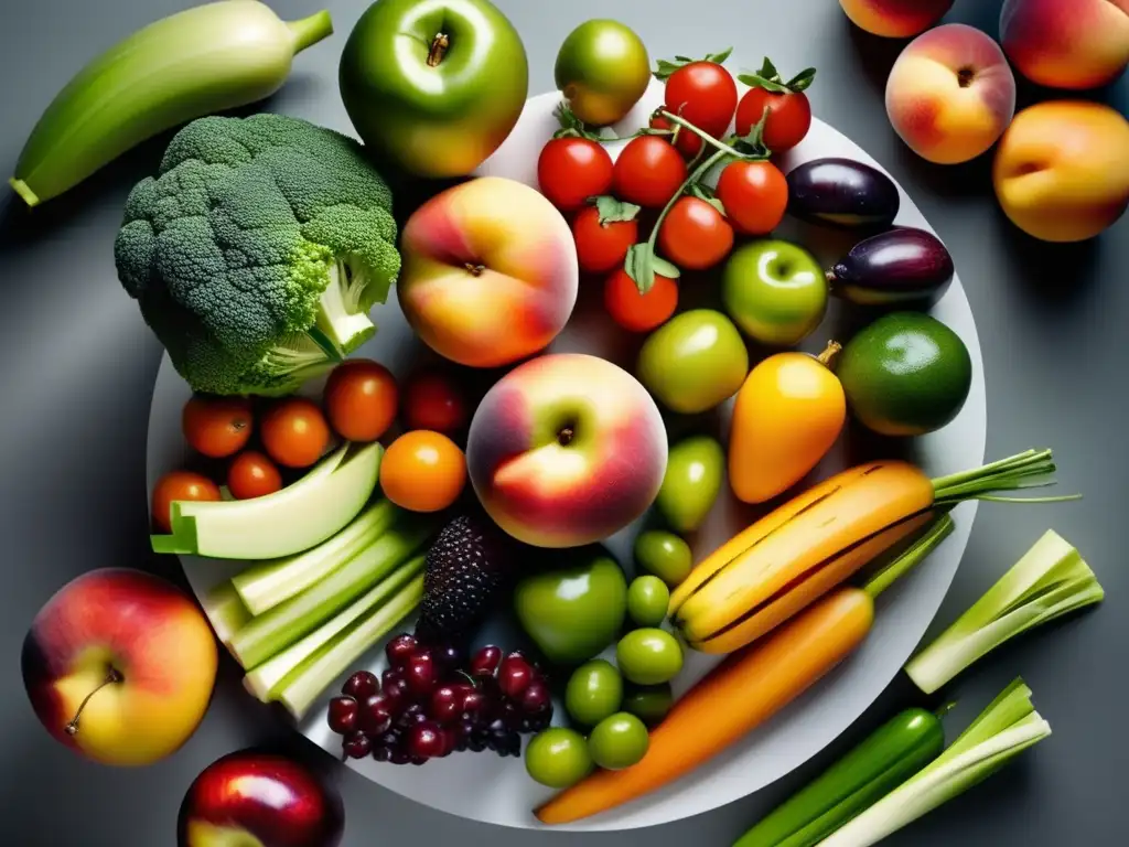 Una impresionante variedad de frutas y verduras en un patrón circular sobre la encimera. <b>Impacto índice glucémico niveles azúcar.