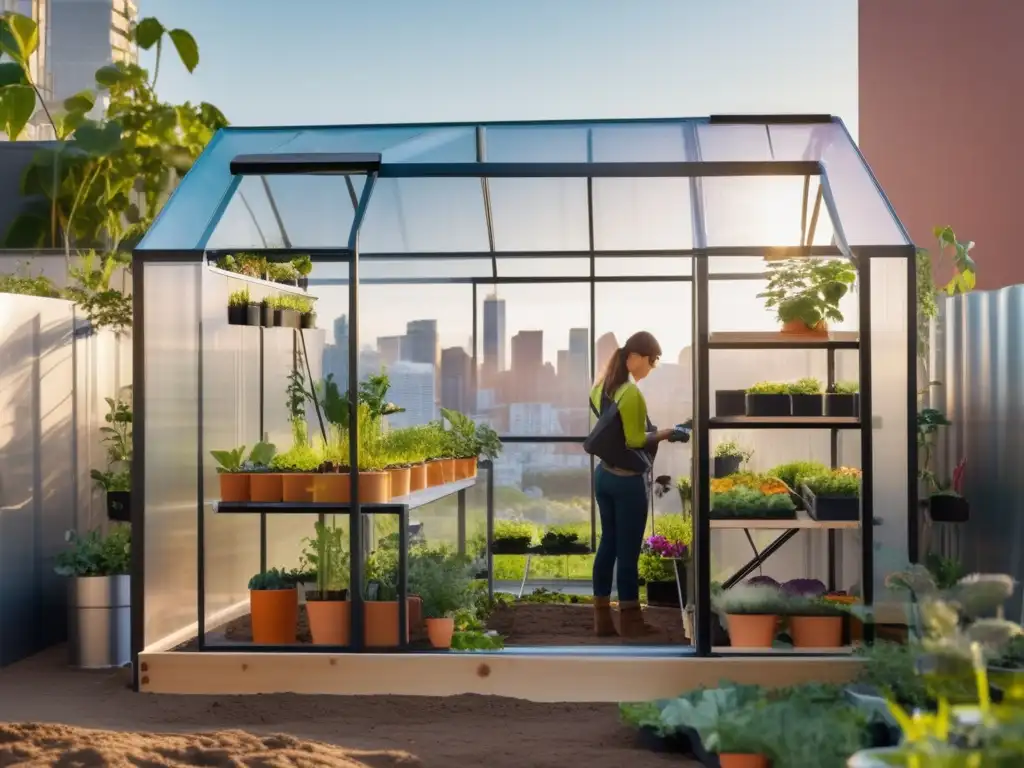 Invernadero urbano moderno: construcción y naturaleza Construir invernadero casero huerto urbano en ciudad, unión perfecta entre naturaleza y urbanismo, construcción y crecimiento.