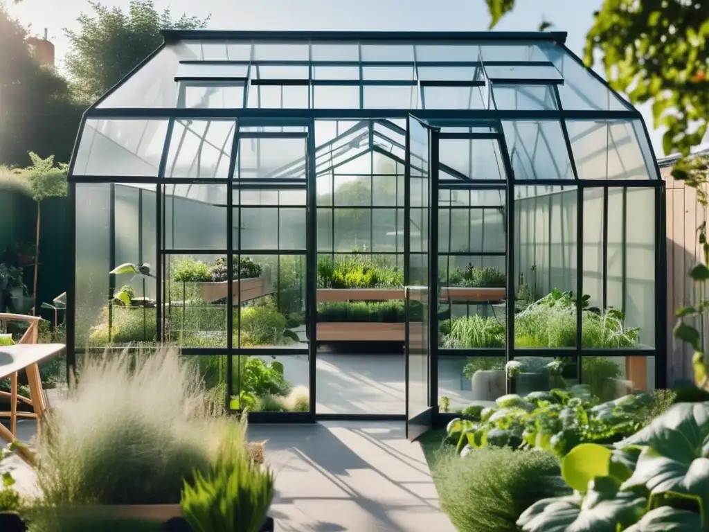 Invernadero urbano de cristal y metal en jardín vibrante