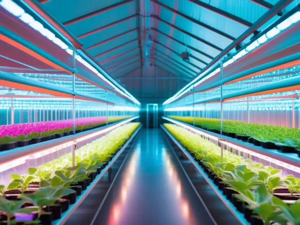 Un invernadero futurista con cultivos modificados para combatir crisis nutricional, científicos investigando y avanzada tecnología agrícola.