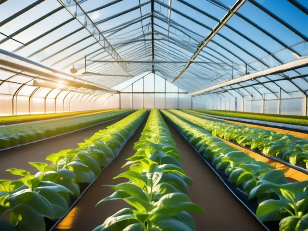 Un invernadero futurista rebosante de cultivos modificados para combatir crisis nutricional, bañado por cálida luz solar.