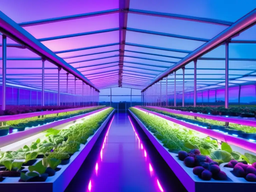 Un invernadero futurista y vibrante con cultivos modificados para combatir crisis nutricional, iluminado por luces LED moradas y azules.