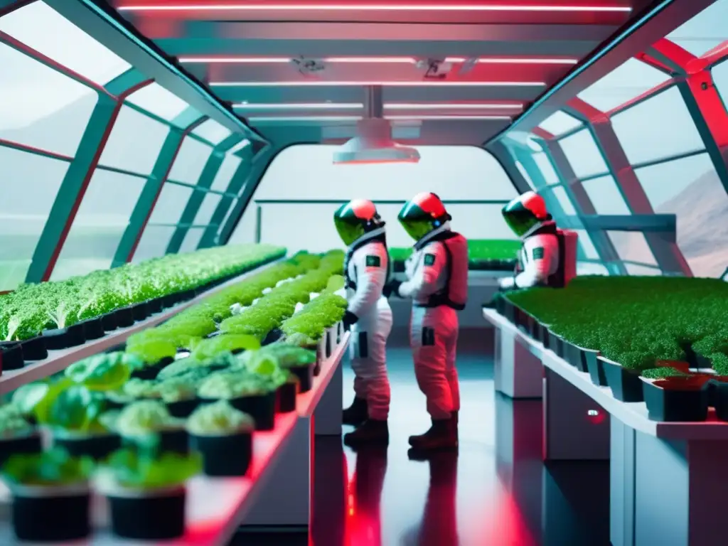 Un invernadero hidropónico futurista en Marte con astronautas cultivando vegetales. <b>Alimentación saludable para colonias en Marte.
