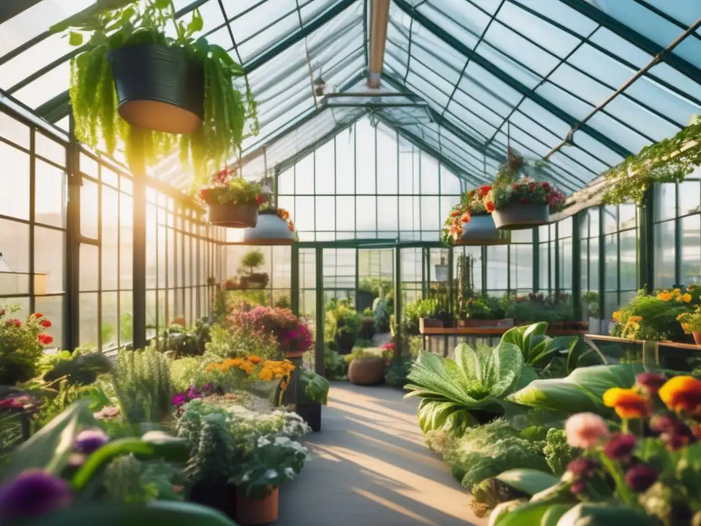 Un invernadero urbano exuberante y moderno, lleno de plantas y flores vibrantes, bañado por la cálida luz del sol. <b>Inspira a construir invernadero casero huerto urbano.