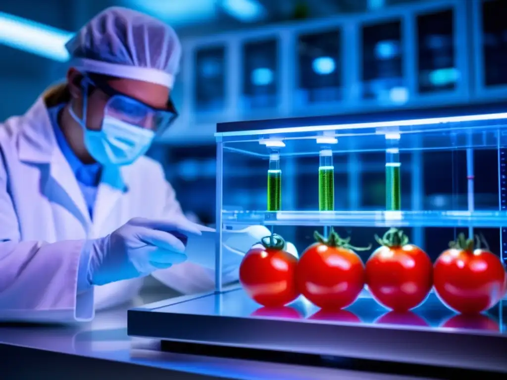 Investigadores examinan un tomate transgénico en un laboratorio futurista. <b>La imagen transmite innovación en seguridad de alimentos transgénicos.